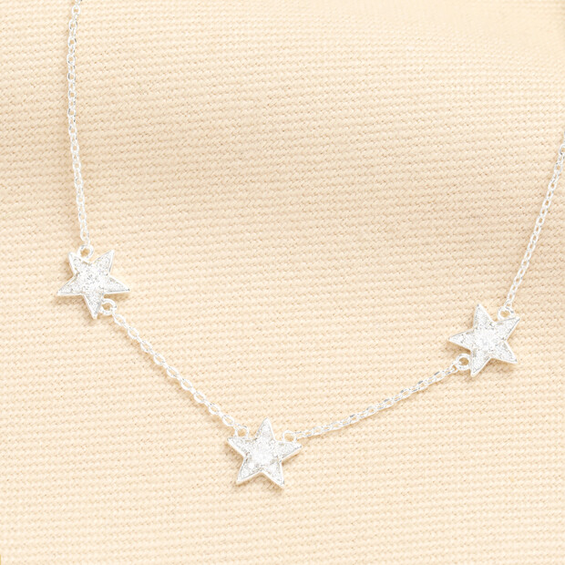 Crystal Triple Star Charm Necklace in Silver