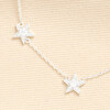 Detailed view of two crystal embellished star pendants on a fine silver chain.