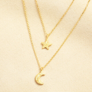 Brushed Double Layer Celestial Chain Necklace in Gold
