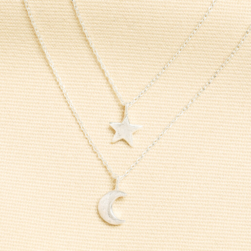 Silver double layer necklace featuring brushed star and crescent moon pendants