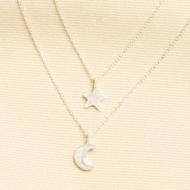 Brushed Double Layer Celestial Chain Necklace in Silver