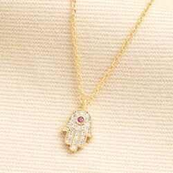 Red Crystal Hamsa Hand Pendant Necklace in Gold