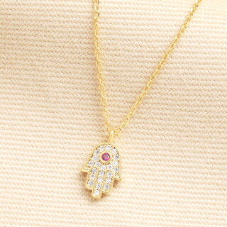 Red Crystal Hamsa Hand Pendant Necklace in Gold