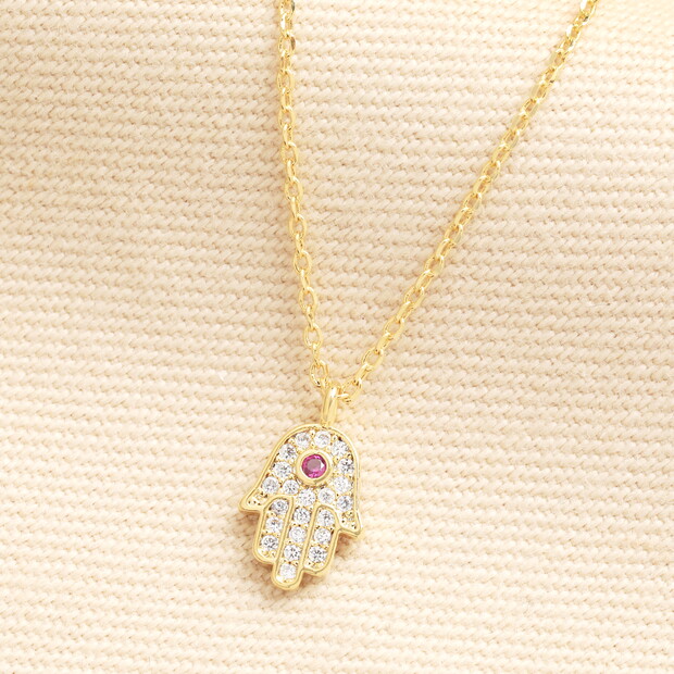 Red Crystal Hamsa Hand Pendant Necklace in Gold