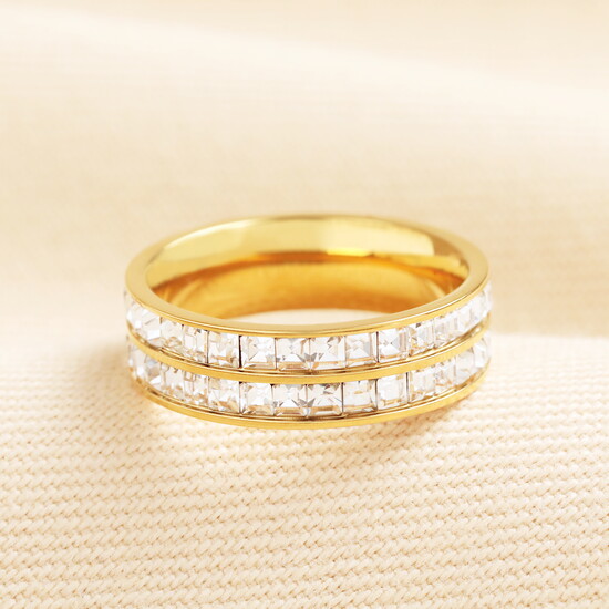 Stainless Steel Double Stacked Illusion Crystal Ring in Gold - M/L