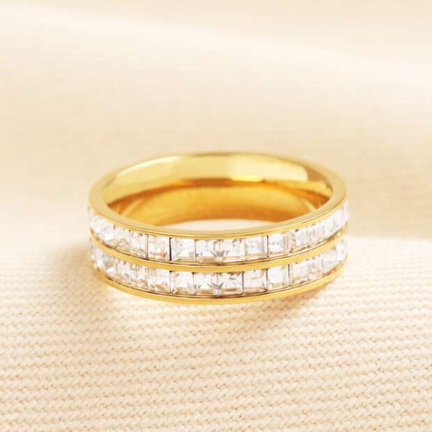 Stainless Steel Double Stacked Illusion Crystal Ring in Gold