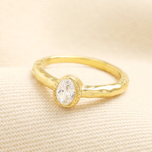 Stainless Steel Hammered Oval Crystal Ring in Gold - S/M