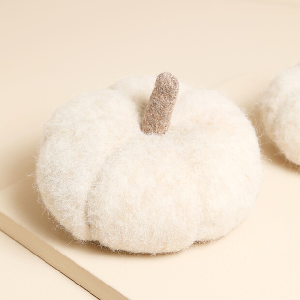 Medium Cream Felt Fuzzy Pumpkin Decoration
