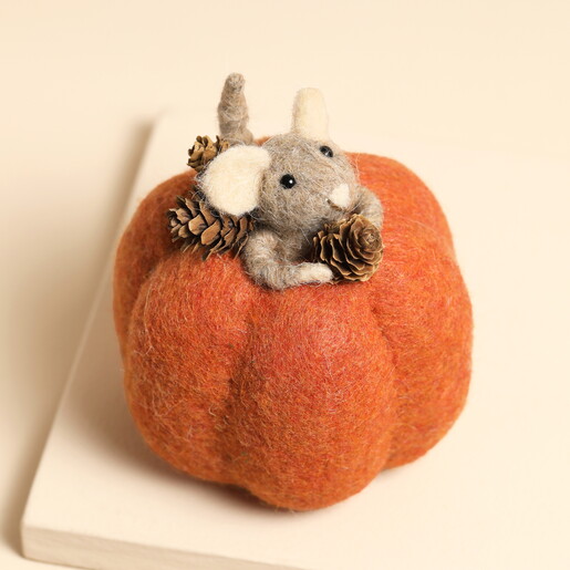 An Orange Needle Felted Pumpkin Ornament With a Mouse and Pinecones Inside