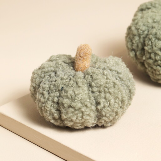 A Tiny Pumpkin Shaped Ornament in a Soft Khaki Green Teddy Bear Fabric