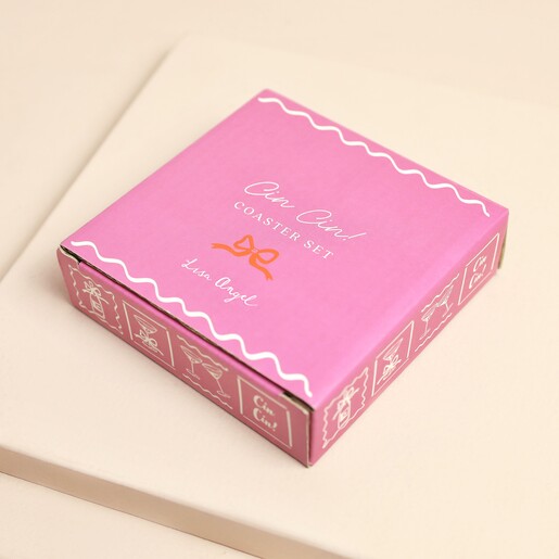 Pink gift box containing set of four Cin Cin square ceramic coasters