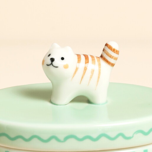 Close-up of the 3D ceramic striped cat handle on the pastel green lid