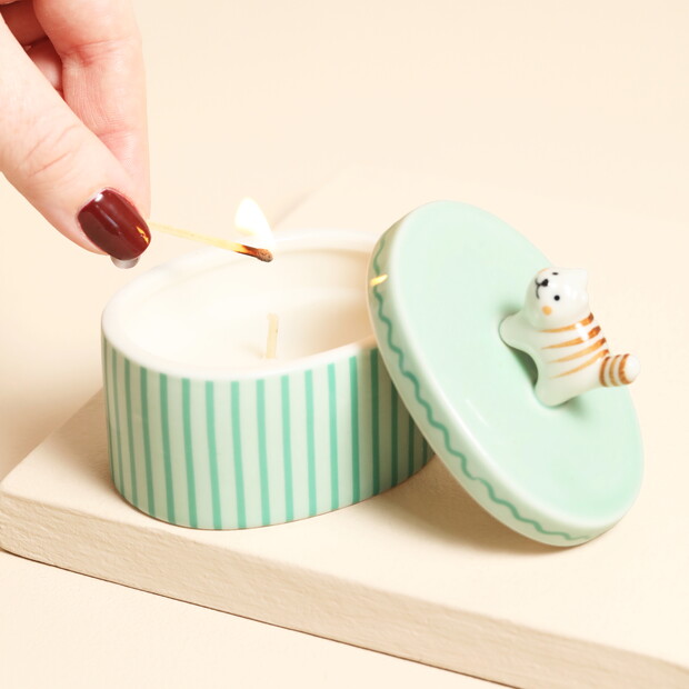 Green Oval Ceramic Cat Scented Candle Pot