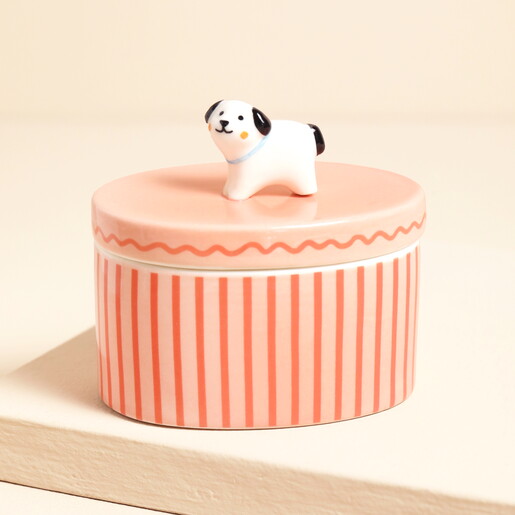 Pink and white striped ceramic candle pot with dog topper lid
