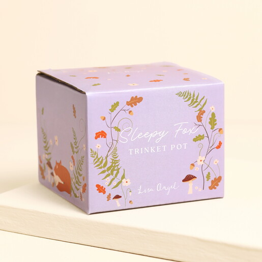 Illustrated purple gift box packaging for the Sleepy Fox Trinket Pot