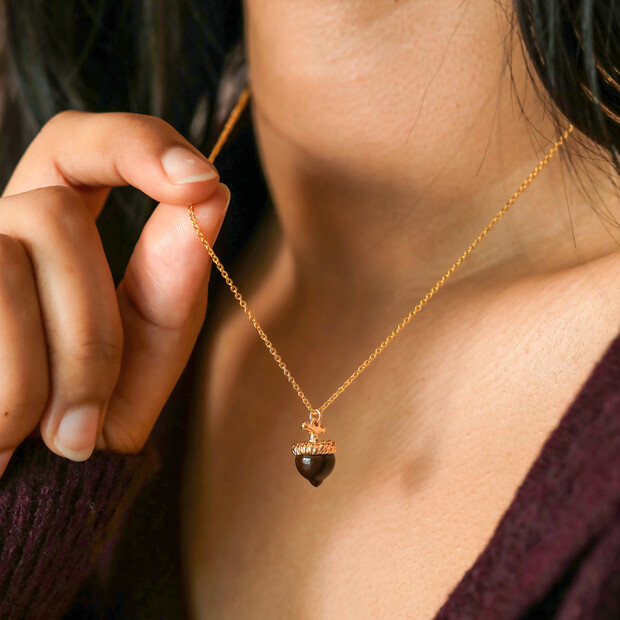 Enamel Acorn Pendant Necklace in Gold
