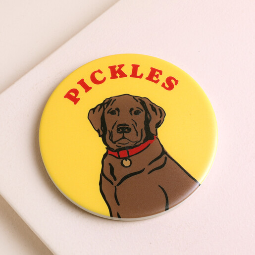Personalised ceramic dog coaster in yellow with a chocolate labrador illustration and name Pickles