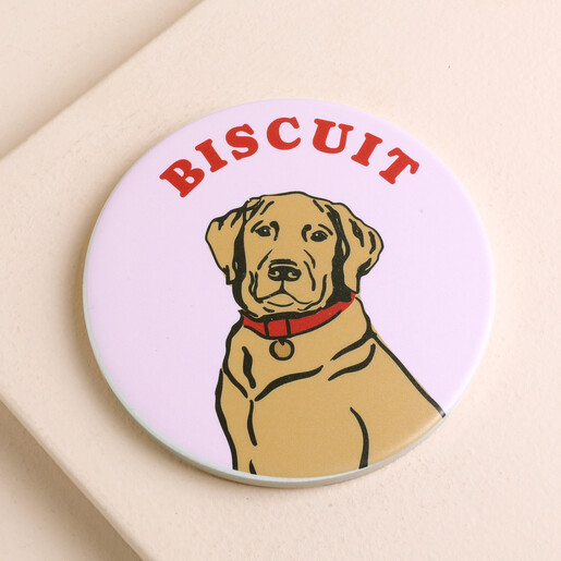 Personalised ceramic dog coaster in pink featuring a golden retriever illustration and name Biscuit
