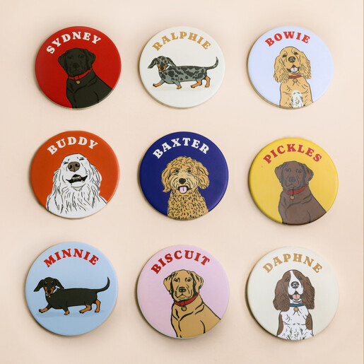 Nine personalised dog coasters arranged in a grid with colourful backgrounds