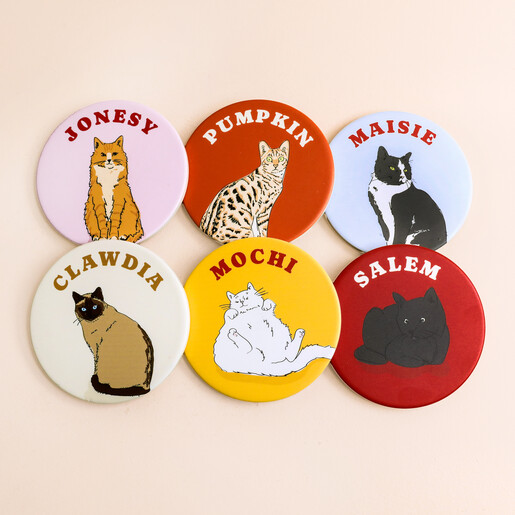 Six colourful personalised ceramic cat coasters each with a different cat illustration