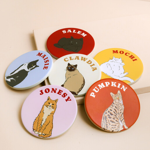 Arrangement of six personalised ceramic cat coasters with colourful feline illustrations