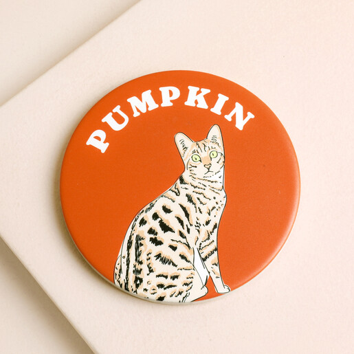 Personalised terracotta orange ceramic coaster with tabby cat and the name Pumpkin