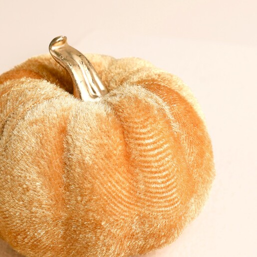 Close-up of the ribbed plush orange velvet fabric and gold metallic stalk