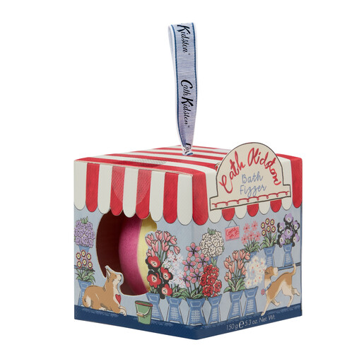 Cath Kidston bath fizzer in a flower market illustrated gift box with hanging ribbon