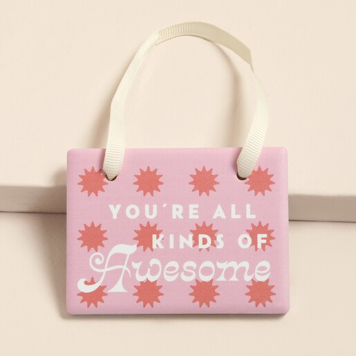 Ceramic pink hanging plaque with You're All Kinds of Awesome quote and cream ribbon