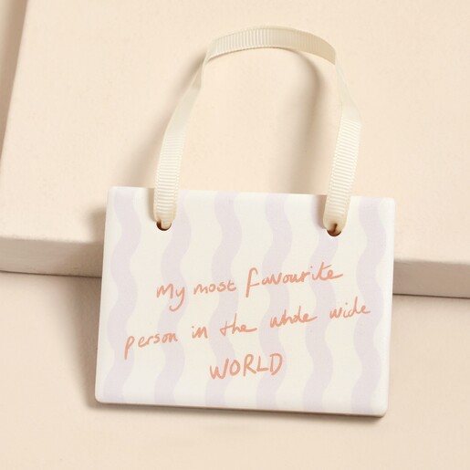 Ceramic hanging plaque with lilac wavy stripes and favourite person quote.
