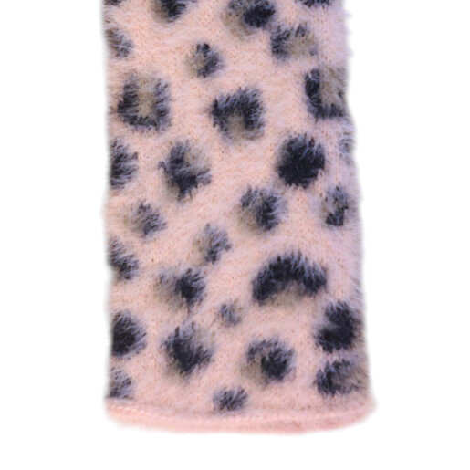 Close-up of pink fluffy knit fingerless glove featuring black leopard spots