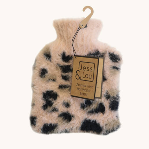 Jess and Lou mini hot water bottle with pink fluffy leopard print knit cover