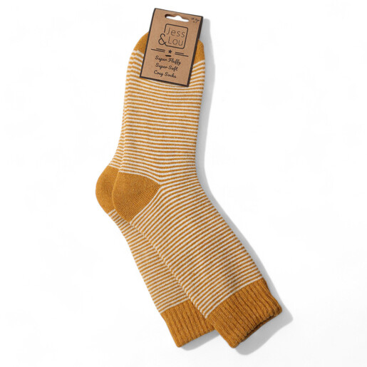 Jess and Lou gold and cream striped cosy socks with cardboard packaging