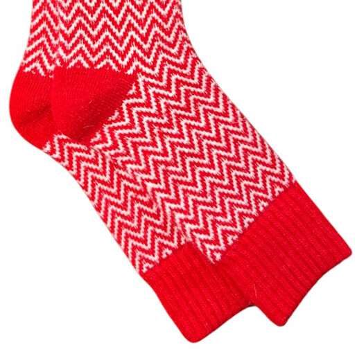 Close up of red and white chevron knit design and bright red cuffs