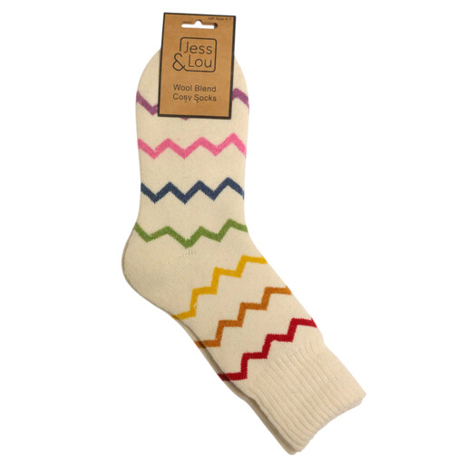 Jess and Lou cream zig-zag cosy socks with brand tag packaging