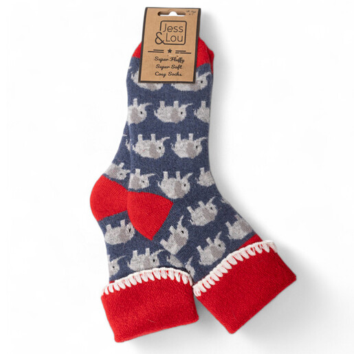 Jess & Lou blue knitted socks featuring grey elephant patterns with red turnover cuffs
