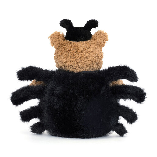 Back of the Jellycat Bartholomew Bear soft toy wearing a fuzzy black spider suit.