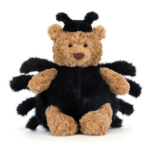 Front view of Jellycat Bartholomew Bear soft toy wearing a black spider costume.