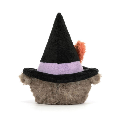 Back view of the Jellycat Heccaty Hootnightly soft toy showing the witch hat
