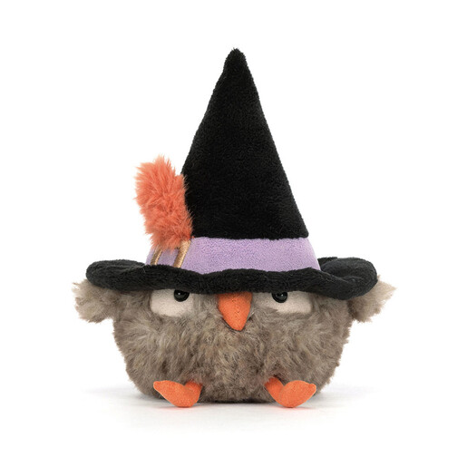 Front view of the Jellycat Heccaty Hootnightly owl soft toy in a witch hat
