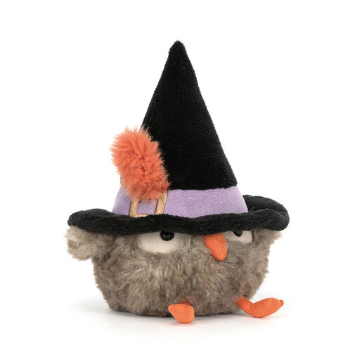 Angled view of the Jellycat Heccaty Hootnightly plush owl with sweet sleepy eyes