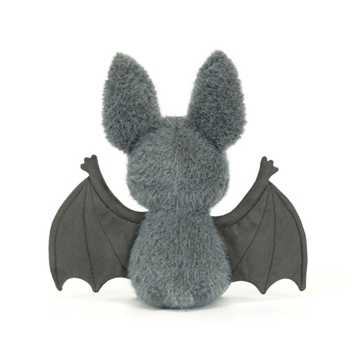 Back view of grey Jellycat Broox Bat soft toy with wings