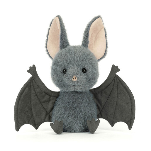 Front view of Jellycat Broox Bat soft toy showing upright ears