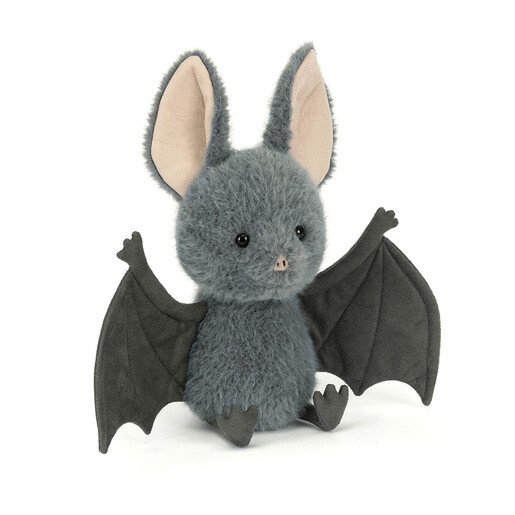 Grey fluffy Jellycat Broox Bat soft toy sitting upright with wings outstretched