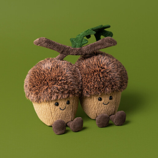 Jellycat Amuseables Ort and Tum acorns plush soft toy joined on a branch