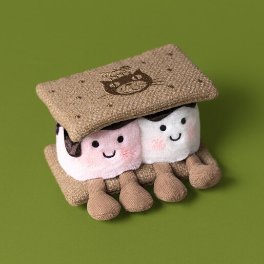 Jellycat Amuseables S'mores plush toy with smiling marshmallow faces on green background