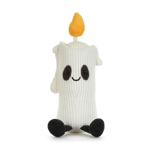 Front view of Jellycat Flickerty Candle soft plush toy with smiling face and flame