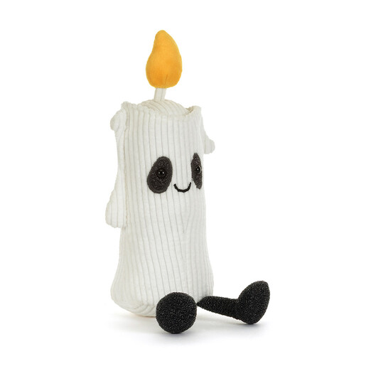 Three quarter angle of Jellycat Flickerty Candle soft toy with dripping wax detail