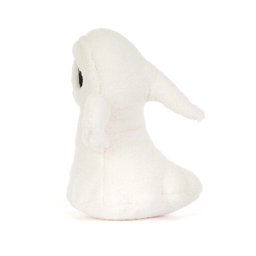 Side view of creamy white Jellycat Ghost Bob soft toy showing pointed hood