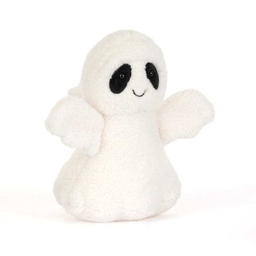 Angled view of standing Jellycat Ghost Bob plush toy with embroidered face